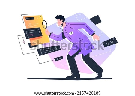 Detective, crime investigation, document with error notification vector illustration. System hacked, internet cyber security, data fraud