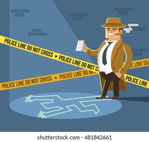 Detective At Crime Scene. Dead Body. Vector Flat Cartoon Illustration