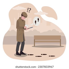 Detective at crime scene. Man with magnifying glass checks footprints and tracks down criminal. Policeman with cigarette investigating, solving crime. Cartoon flat vector illustration