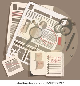 Detective desktop. Newspaper notebook handcuffs are scattered on the table. The detective highlights the important information with a red marker. Vector illustration.