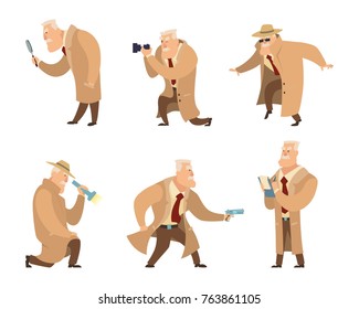 Detective in different action pose. Vector character in cartoon style. Detective character police, person inspector and investigator illustration