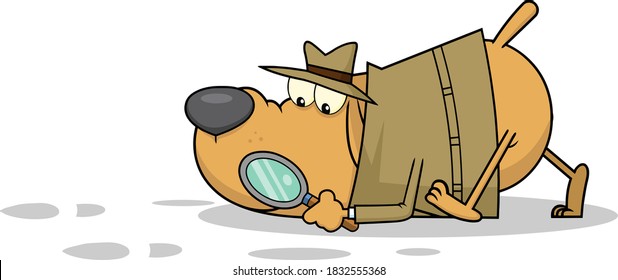 Detective Dog Cartoon Character Following A Clues. Vector Illustration Isolated On White Background
