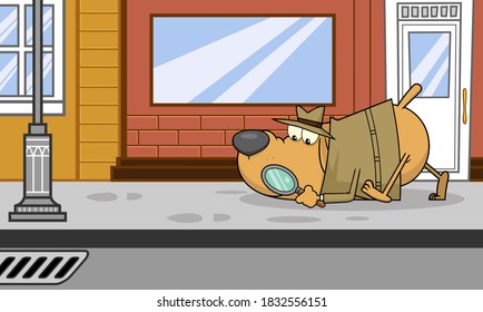 Detective Dog Cartoon Character Following A Clues In Street. Vector Illustration With Background