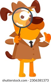 Personaje De Caricatura De Perro Detective Con Un Vidrio De Magnificación. Diseño Plano De Ilustración Vectorial Aislado En Fondo Transparente