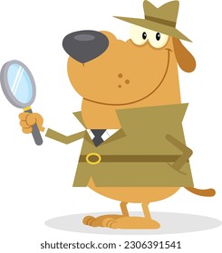 Detective Dog Cartoon Character Holding A Magnifying Glass. Vector Illustration Flat Design Isolated On Transparent Background
