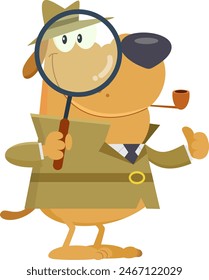 Detective Dog Cartoon Character Holding A Magnifying Glass And Showing Thumbs Up. Vector Illustration Flat Design Isolated On Transparent Background