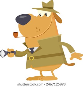 Detective Dog Cartoon Character Holding A Flashlight. Vector Illustration Flat Design Isolated On Transparent Background