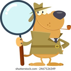 Detective Dog Cartoon Character Holding A Big Magnifying Glass. Vector Illustration Flat Design Isolated On Transparent Background