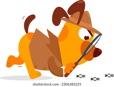 Detective Dog Cartoon Character With Magnifying Glass Following A Clues. Vector Illustration Flat Design Isolated On Transparent Background