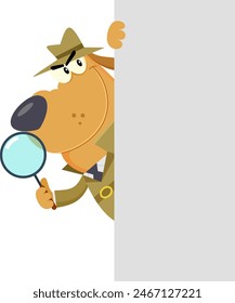 Detective Dog Cartoon Character With Magnifying Glass Peeking Out Corner. Vector Illustration Flat Design Isolated On Transparent Background