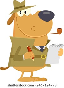 Detective Dog Cartoon Character Making Notes. Vector Illustration Flat Design Isolated On Transparent Background