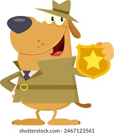 Detective Dog Cartoon Character Showing Police Badge. Vector Illustration Flat Design Isolated On Transparent Background