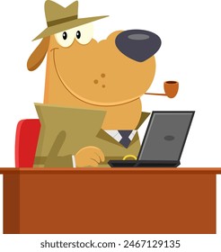 Detective Dog Cartoon Character Sitting On The Deck With A Laptop. Vector Illustration Flat Design Isolated On Transparent Background