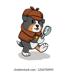 Detective dog looking through magnifying glass