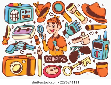 Detective Doodle Hand Drawn Color Vector Collection