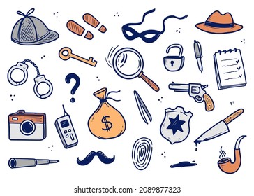 Detektivdoodle-Set. Handgezeichnete Skizze-Doodle-Stil. Fußabdruck, Fingerabdruck, Lupendetektor-Detektiv. Vektorgrafik.