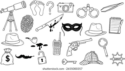 Detektiv-Doodle-Set. Handgezeichnete Skizze Doodle-Stil. Fußabdruck, Fingerabdruck, Lupendetektiv