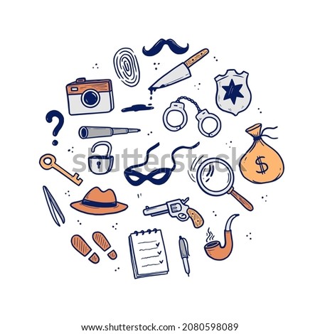 Detective doodle set. Hand drawn sketch doodle style. Footprint, fingerprint, magnifier detective investigation element. Vector illustration.
