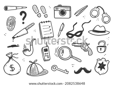 Detective doodle set. Hand drawn sketch doodle style. Footprint, fingerprint, magnifier detective investigation element. Vector illustration.