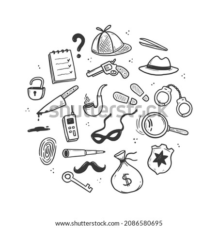 Detective doodle set. Hand drawn sketch doodle style. Footprint, fingerprint, magnifier detective investigation element. Vector illustration.