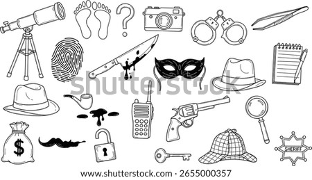 Detective doodle set. Hand drawn sketch doodle style. Footprint, fingerprint, magnifier detective