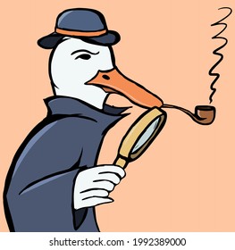 Detective duck with bowler hat, smoking pipe in beak and magnifying glass in wing.