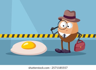 
Detective Egg Inspecting Crime Scene with Magnifier Vector Cartoon. True crime mystery egg hunt checking for clues in a fictional story
