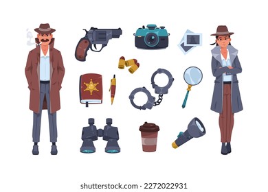 Equipo de detectives. Caricatura de agente de policía y espía para investigación y búsqueda de evidencia en observación secreta. Conjunto de vectores planos de agente mujer y hombre, caricatura de personajes ilustración detective