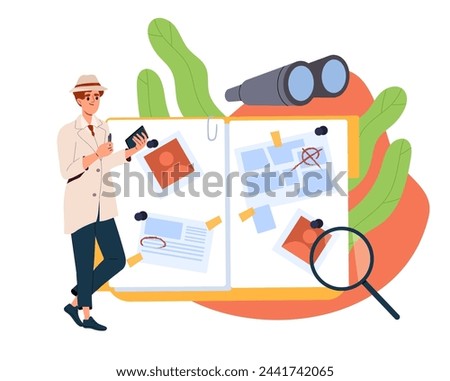 Detective examines evidence concept. Man with magnifying glass and binoculars near book with memo. Policeman leads crime investifation. Cartoon flat vector illustration isolated on white background