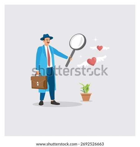 Detective examines floating heart shapes with wings using a magnifying glass. Suggesting discovery, love, and growth in a whimsical business. Business concept.