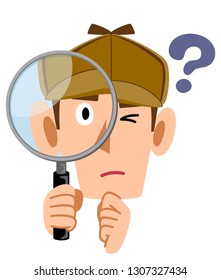Detective face looking into the magnifying glass, Question