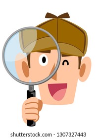 Detective face peeping into the magnifying glass, Smiling face