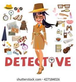 Detective Female Character Design With Equipment. Icon Set Elements. Typographic Design - Vector Illustration