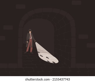 A detective with a flashlight in the arch of the house. Searching for footprints in the dark. The concept of crime investigation. Dark background. Flat vector illustration.