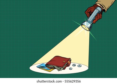 Detective flashlight beam shines on wallet. Pop art retro vector illustration