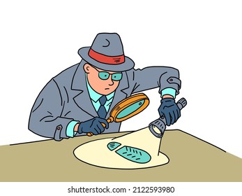 A detective with a flashlight investigates the trail, a man in a coat, hat and glasses