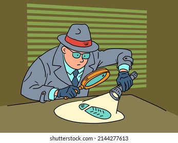 A detective with a flashlight investigates the trail, a man in a coat, hat and glasses