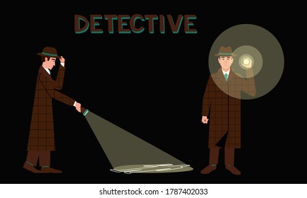 Detective with a flashlight in two different poses. Detective with flashlight on dark background. Search for evidence in the dark. Murder investigation concept. Flat vector illustration.