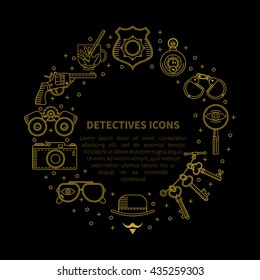 Detective flat icons. The gun, hat, magnifying glass, handcuffs. Icons in the form of round picture frame.