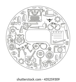 Detective flat icons. The gun, hat, magnifying glass, handcuffs. The icons are arranged in circle.