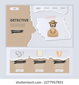 Detective flat landing page website template. Handcuffs, fingerprint, coroner. Web banner with header, content and footer. Vector illustration.