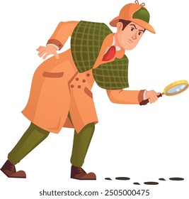 Detective follow criminal trail. Cartoon crime investigator isolated on white background