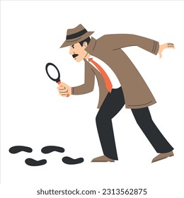 Detective follows footprints vector isolated. Illustration of a private detective in coat holding magnifying glass and looking at footprints. Crime investigation.