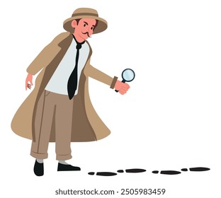 Detective follows footprints vector isolated. Illustration of a private detective in coat holding magnifying glass and looking at footprints. Crime investigation.