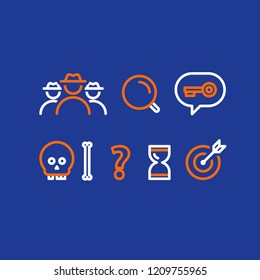 Detective game concept, quest playing items, crime investigation, deductive riddle, vector line icons