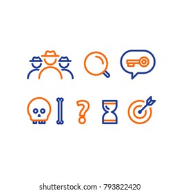 Detective game concept, quest playing items, crime investigation, deductive riddle, vector line icons