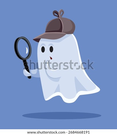 
Detective Ghost with Magnifying Glass Finding Clues Vector Cartoon. Funny curious spirit investigating a mister during Halloween  