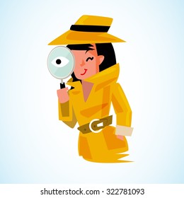 detective girl holding magnifying glass to watchin. character design - vector illustration