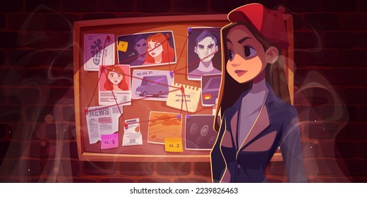 Detective girl stand at board with evidence and criminal photos connected with red thread. Young woman in police office, female inspector character investigate crime, Cartoon vector illustration