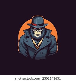 detective gorilla with big muscle snuggle wear coat and hat VECTOR